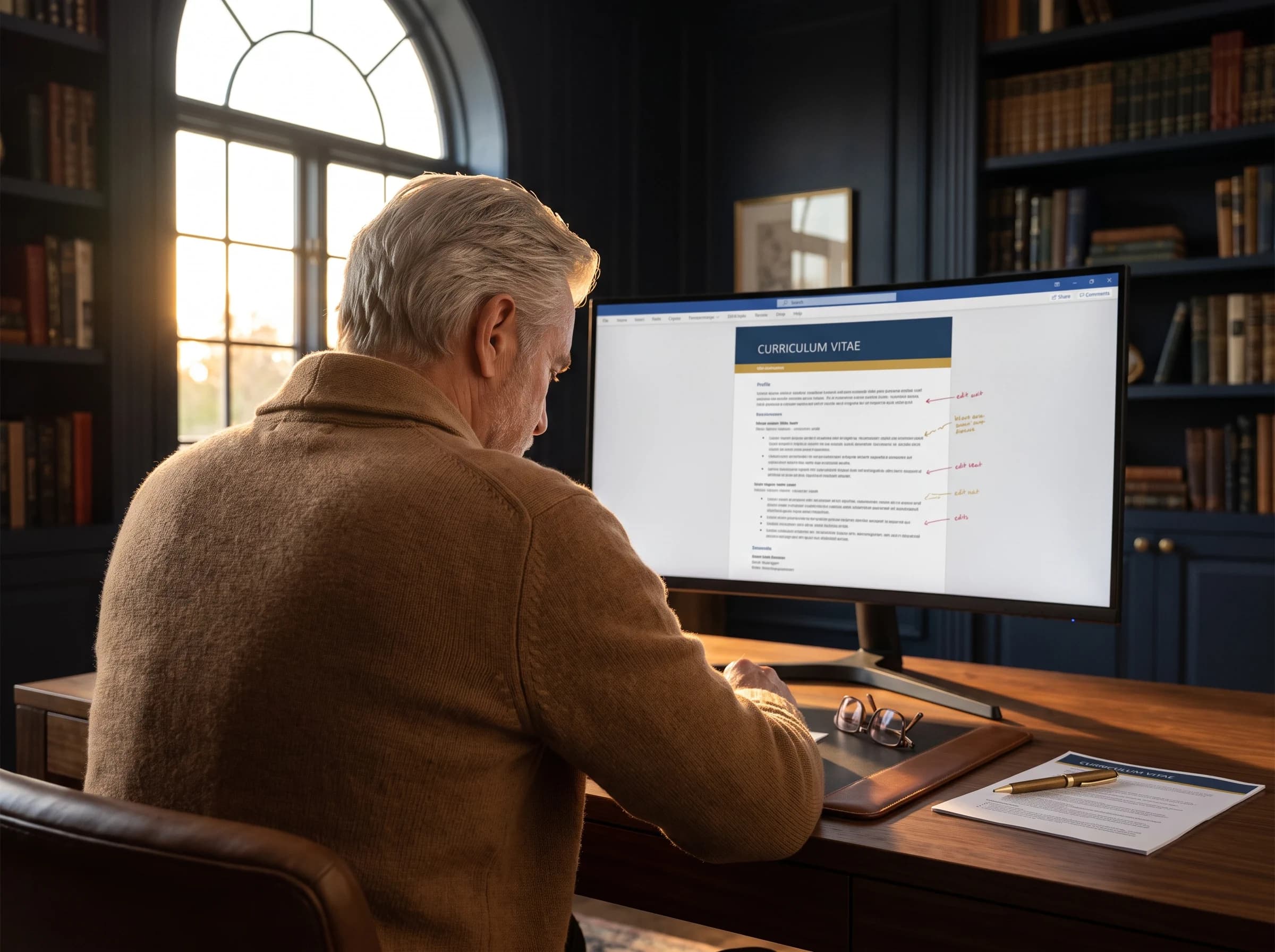 A professional reviewing CV analysis on a large workspace monitor
