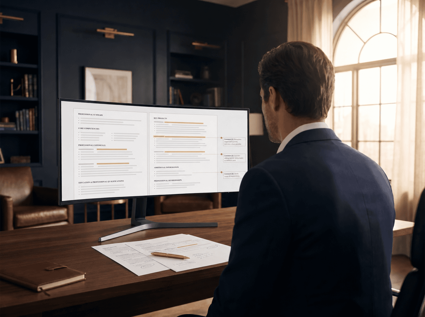 A senior specialist reviewing an annotated CV and printed feedback notes