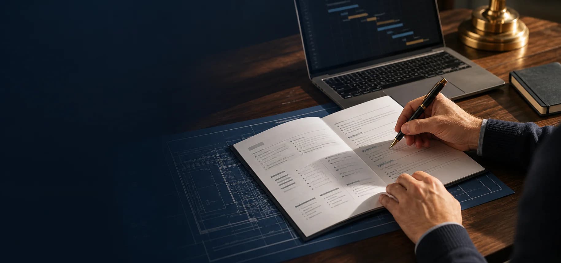 A professional CV being reviewed beside planning drawings and a project schedule